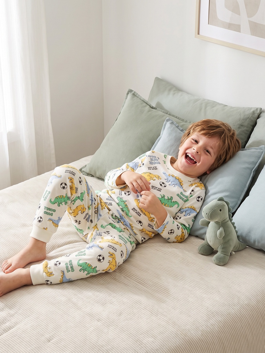 Cotton Crew Neck Long Sleeves Pyjama Set with Dinosaur Print