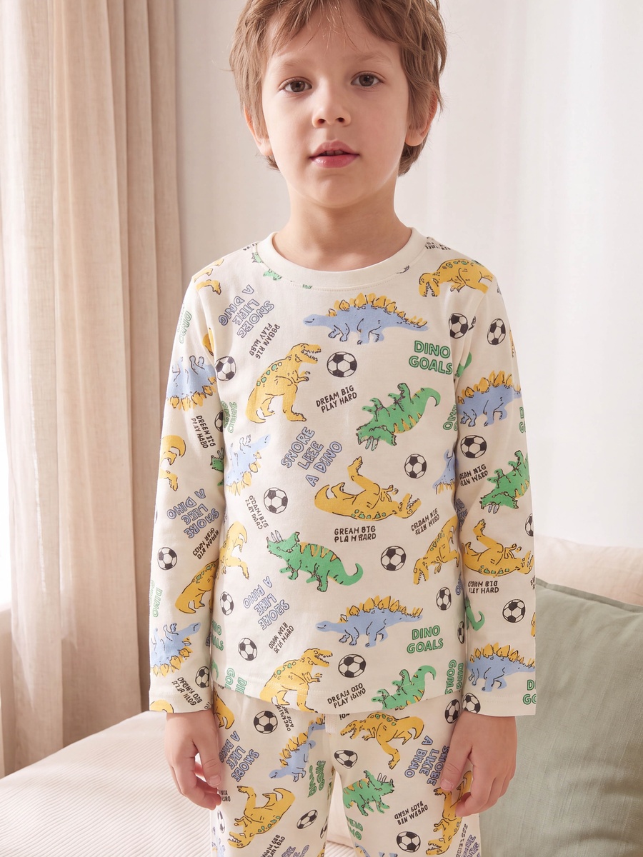 Cotton Crew Neck Long Sleeves Pyjama Set with Dinosaur Print