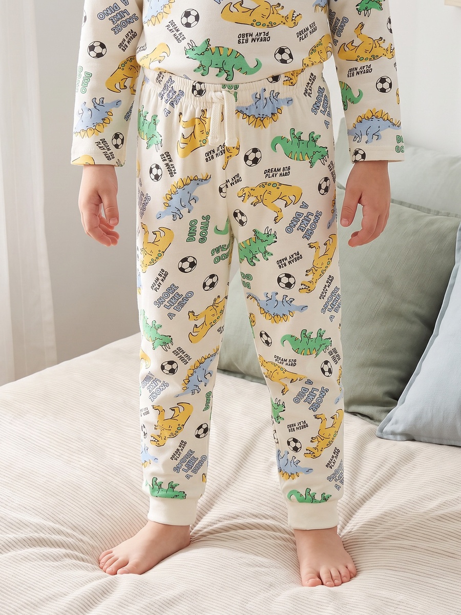 Cotton Crew Neck Long Sleeves Pyjama Set with Dinosaur Print
