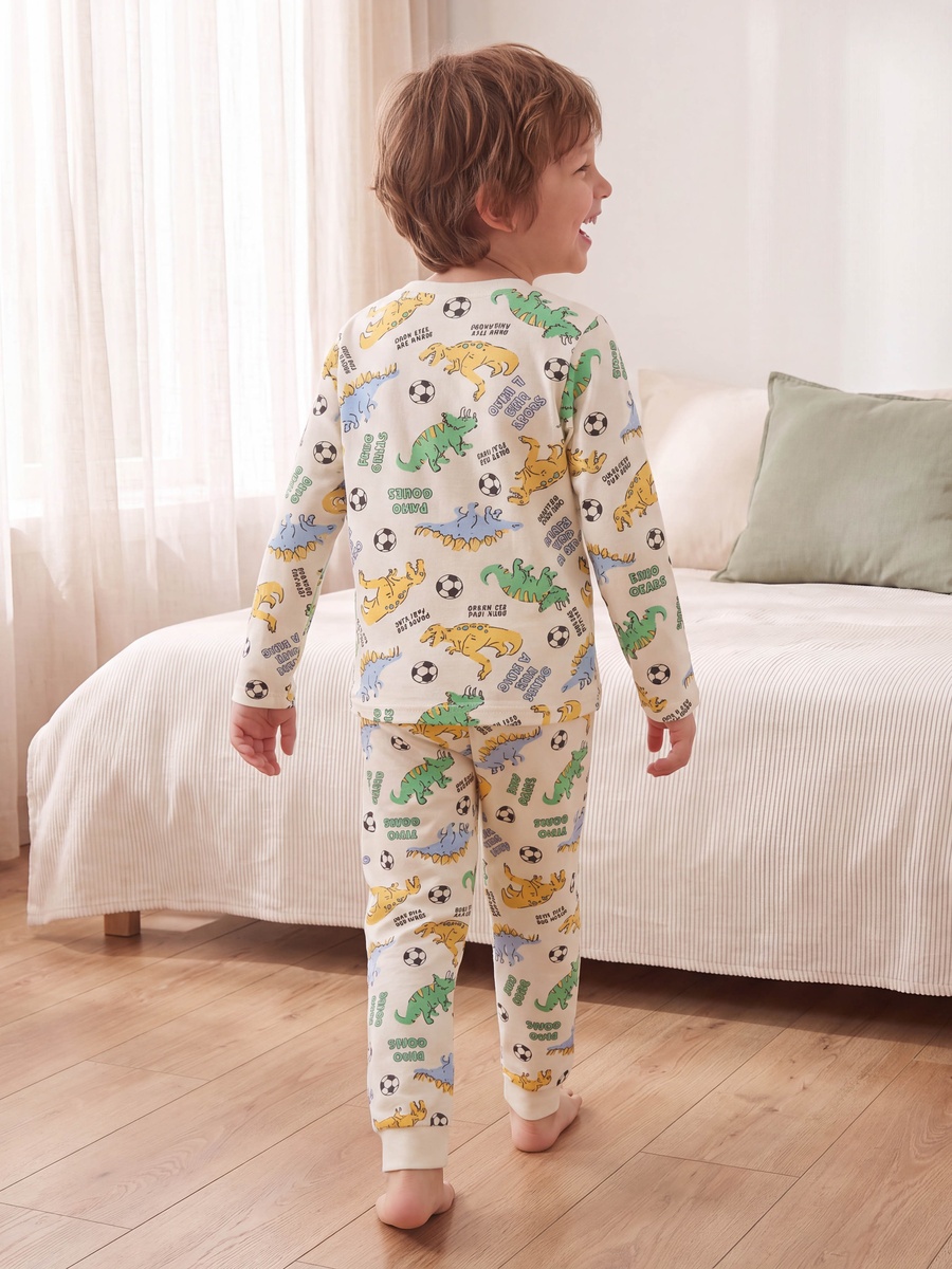 Cotton Crew Neck Long Sleeves Pyjama Set with Dinosaur Print