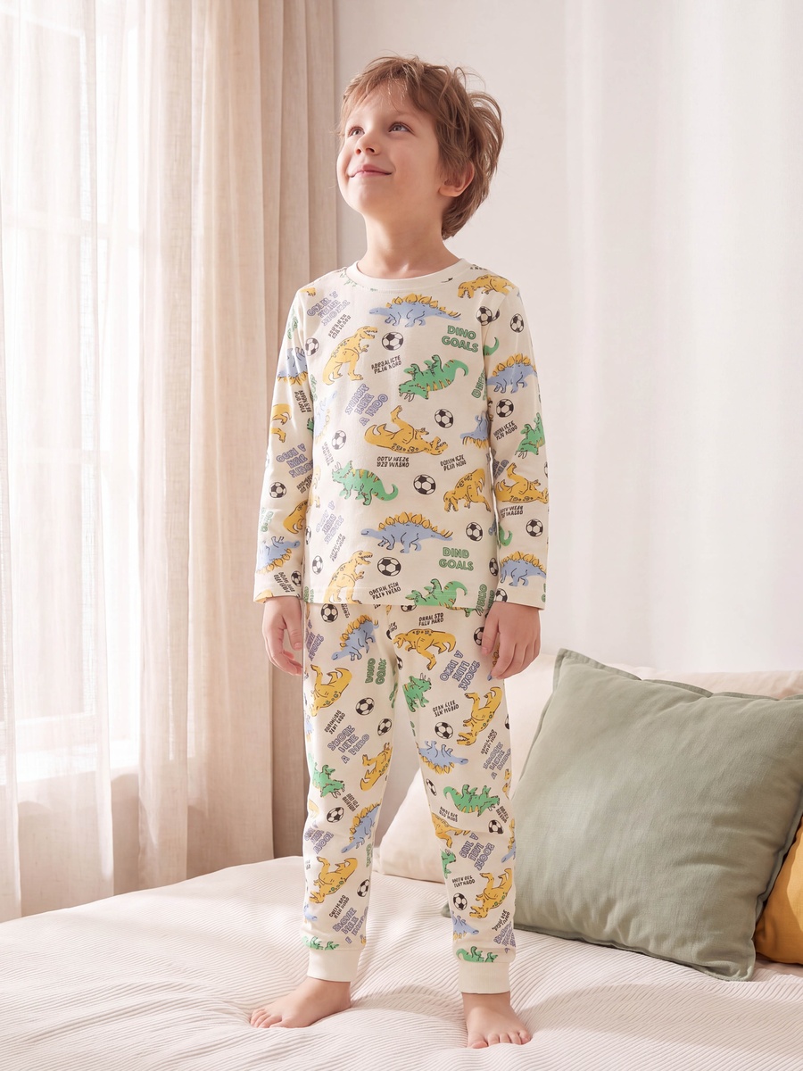 Cotton Crew Neck Long Sleeves Pyjama Set with Dinosaur Print