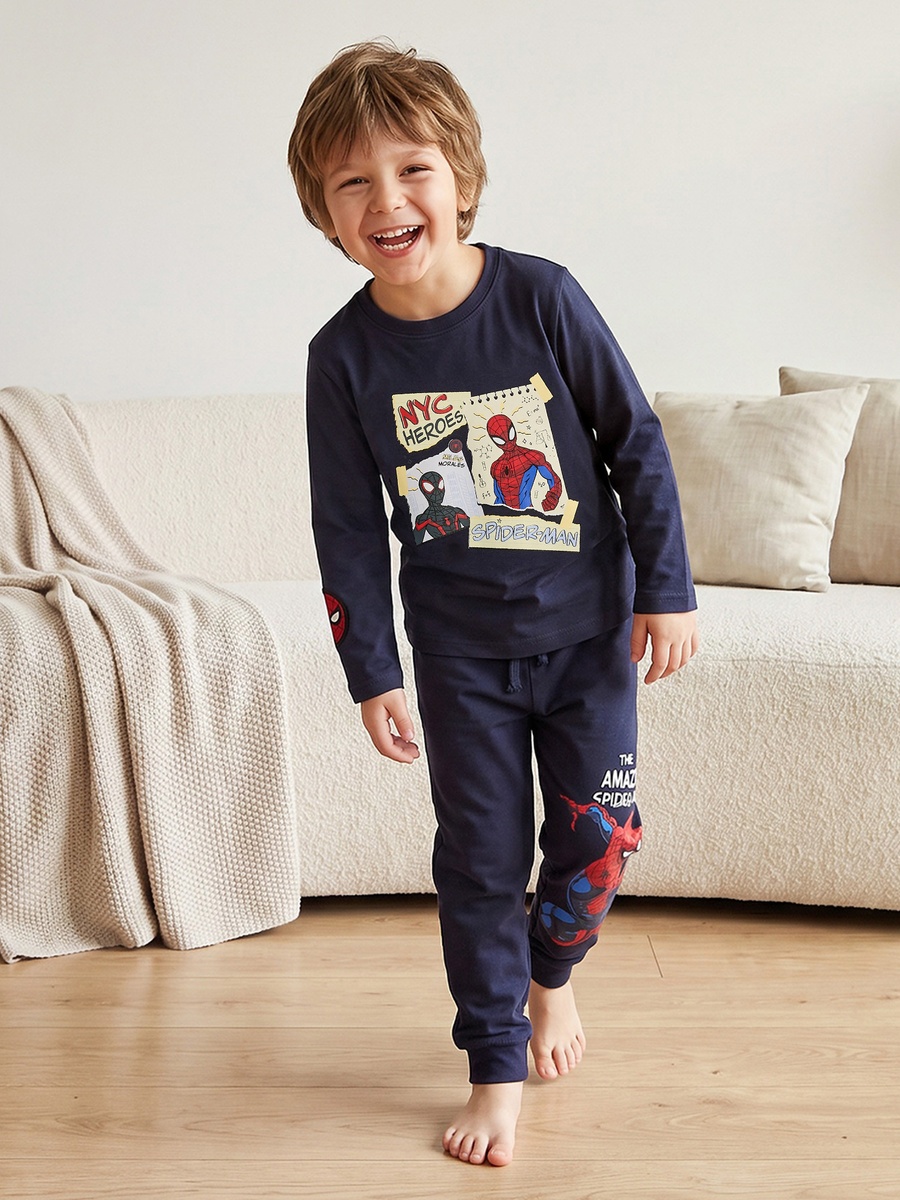 Cotton Crew Neck Long Sleeves Pyjama Set with Spider-Man Print