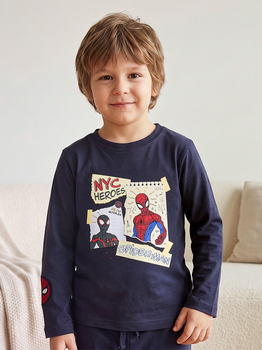 Cotton Crew Neck Long Sleeves Pyjama Set with Spider-Man Print
