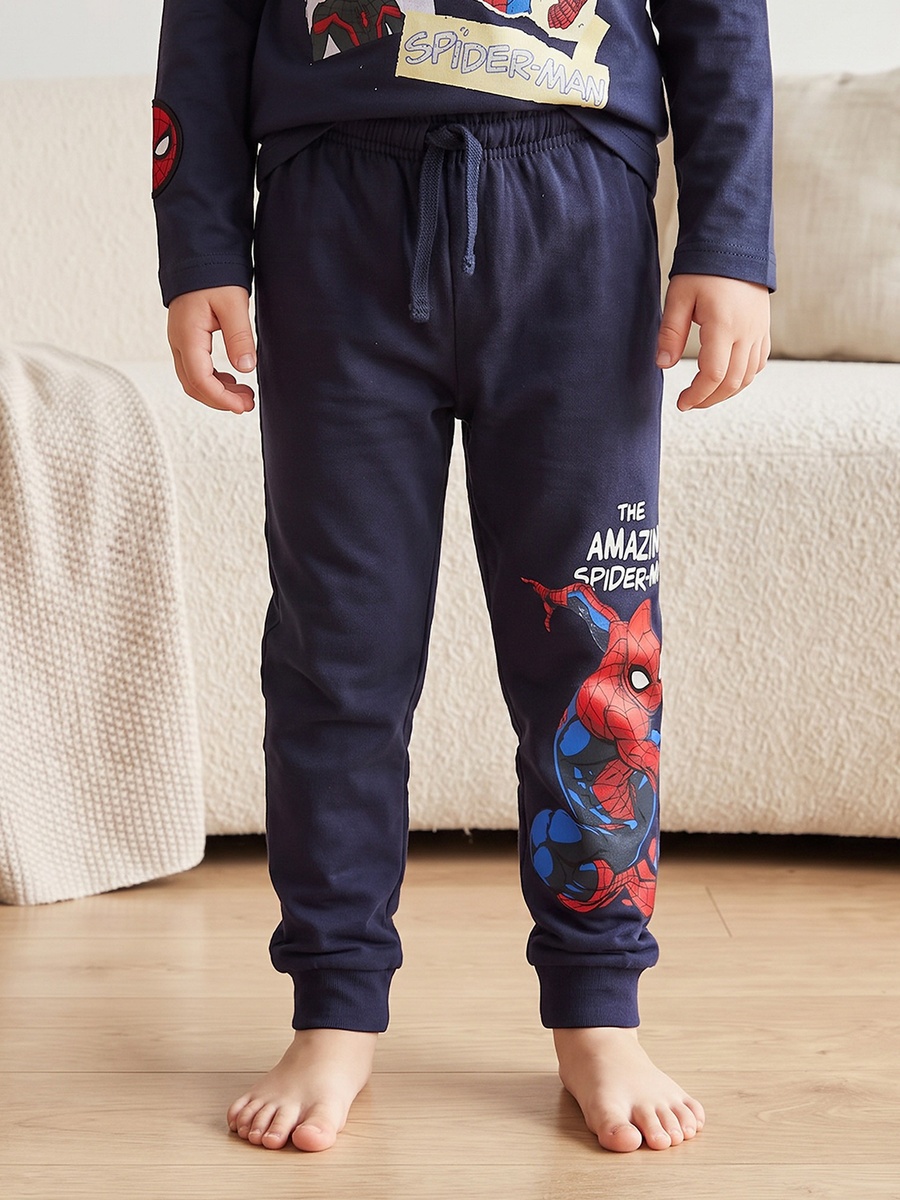 Cotton Crew Neck Long Sleeves Pyjama Set with Spider-Man Print