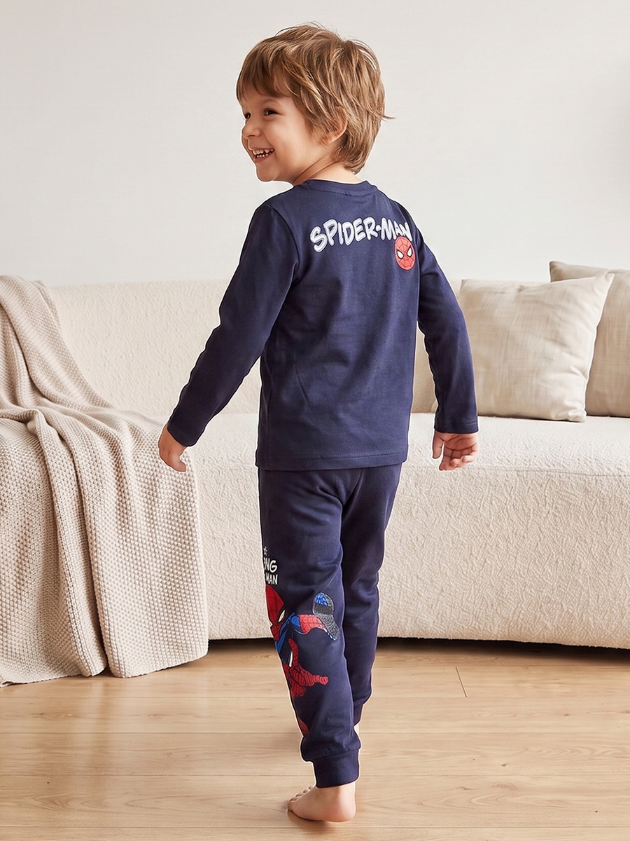 Cotton Crew Neck Long Sleeves Pyjama Set with Spider-Man Print