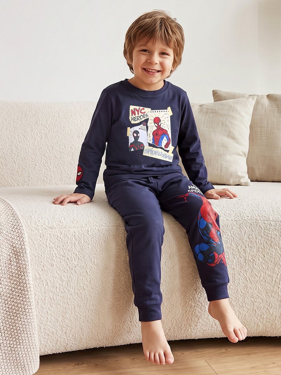 Cotton Crew Neck Long Sleeves Pyjama Set with Spider-Man Print