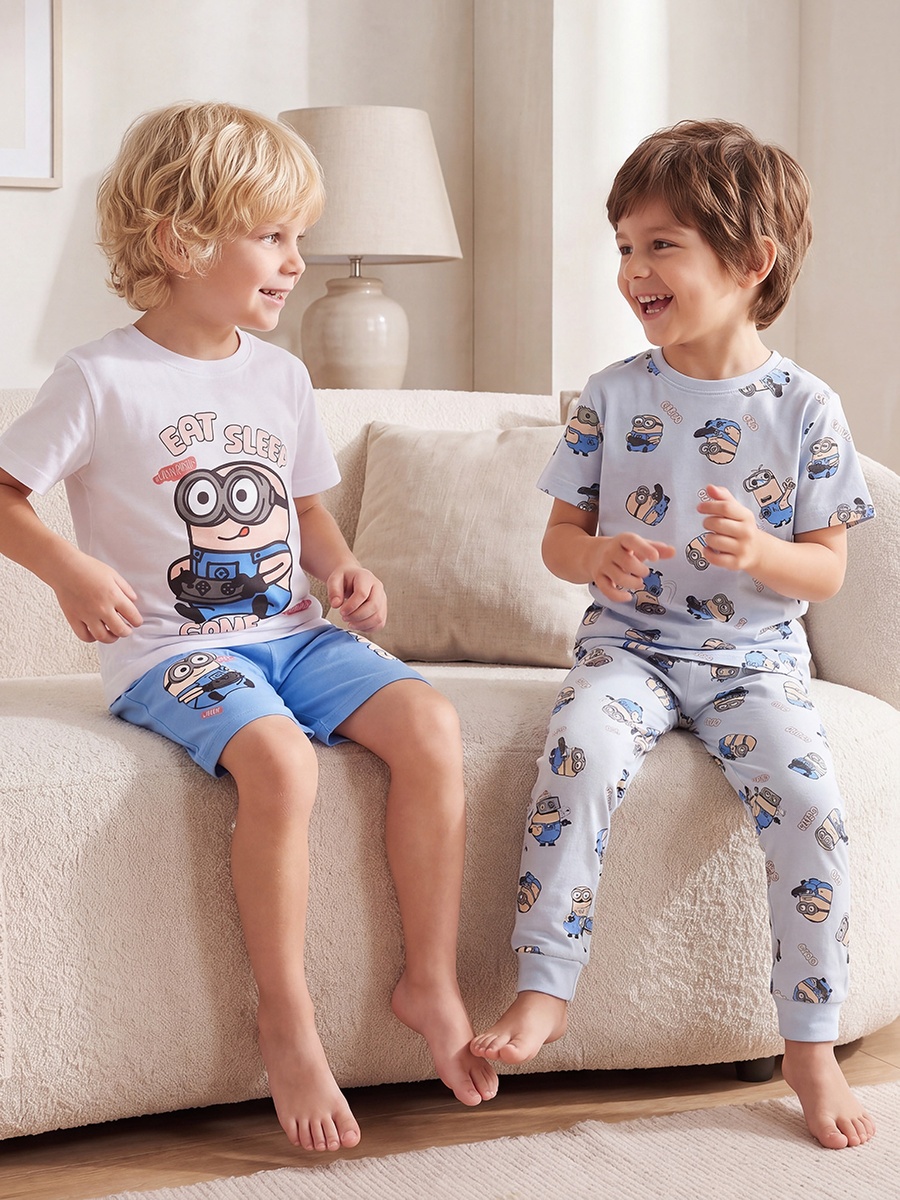 Pack of 2 Cotton Crew Neck Short Sleeves Pyjama Set with Minions Print