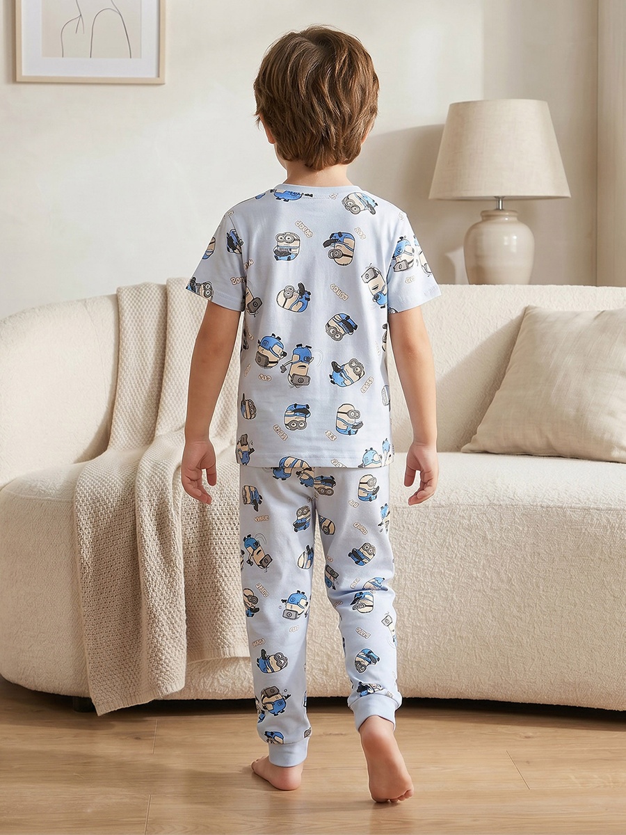 Pack of 2 Cotton Crew Neck Short Sleeves Pyjama Set with Minions Print