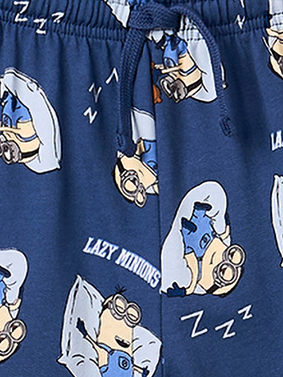 Cotton Crew Neck Short Sleeves Pyjama Set with Minions Print