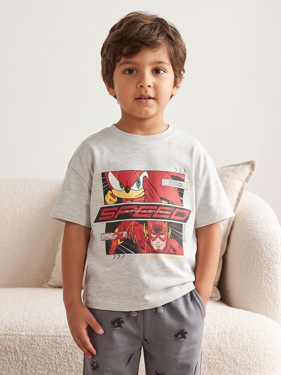 Cotton Crew Neck Short Sleeves Pyjama Set with Sonic Print