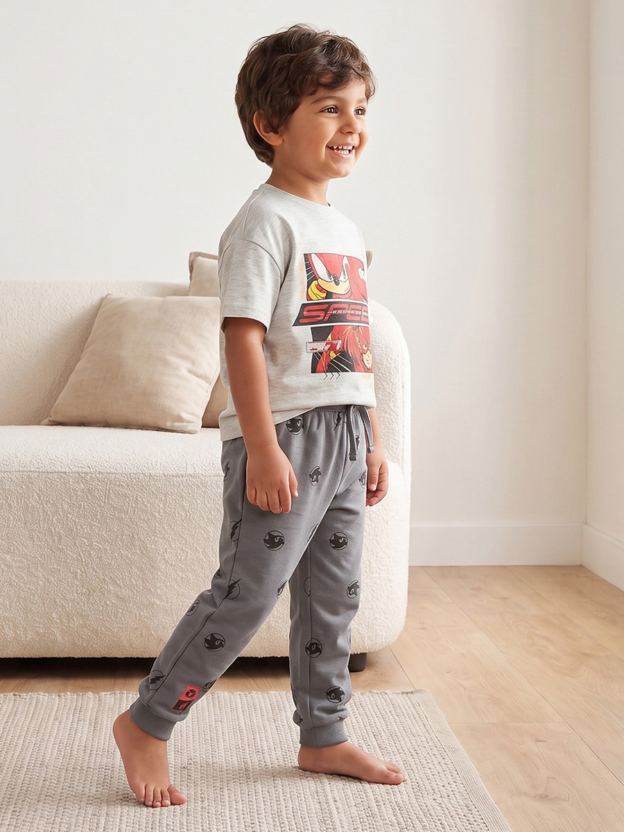 Cotton Crew Neck Short Sleeves Pyjama Set with Sonic Print
