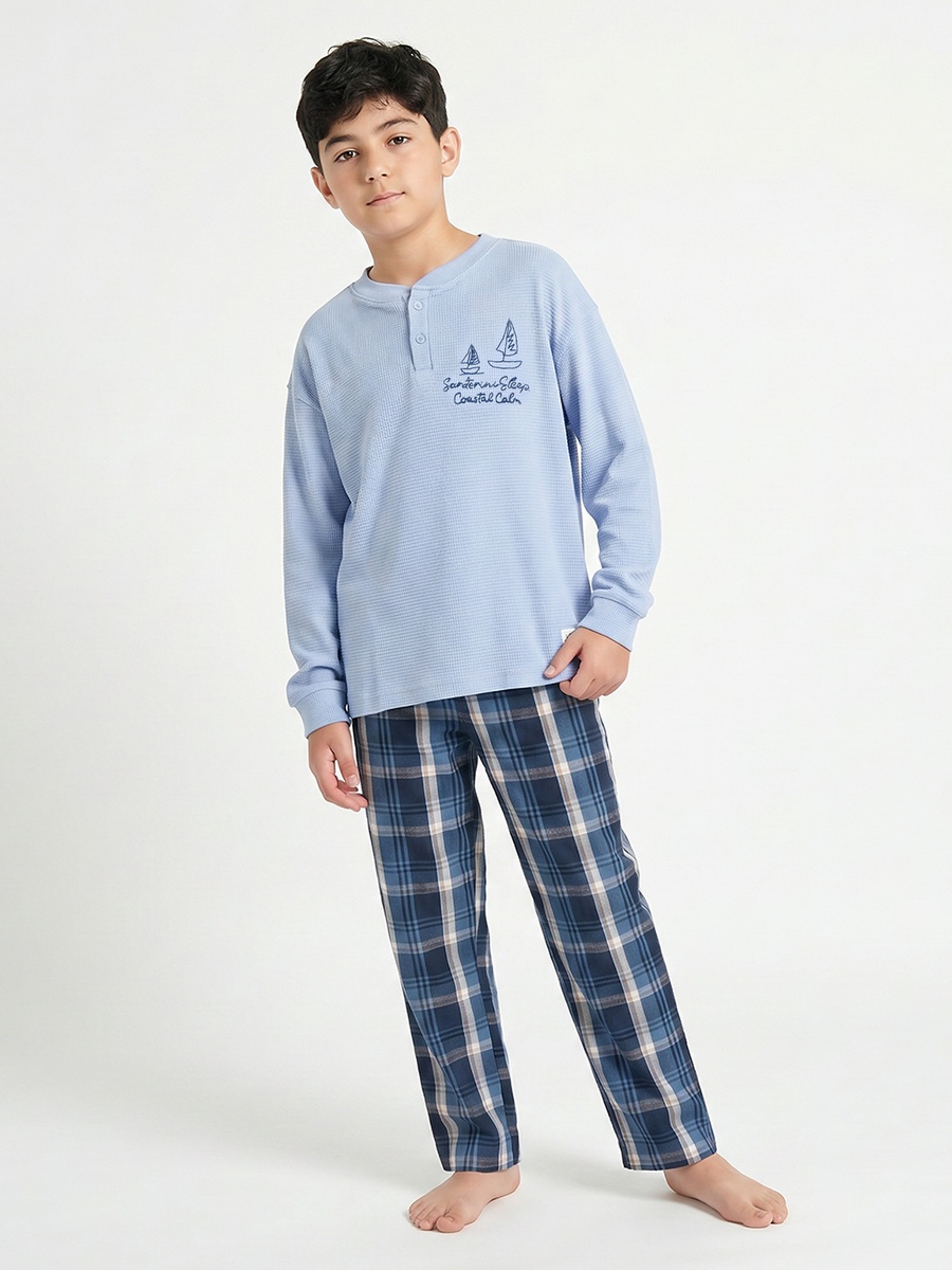 Cotton Mandarin Collar Long Sleeves Pyjama Set with Nautical Embroidery