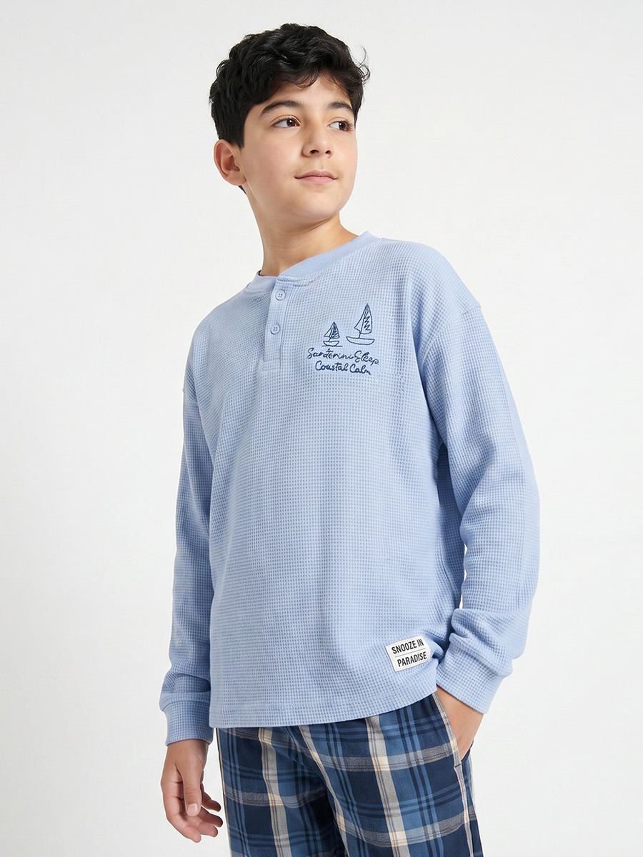 Cotton Mandarin Collar Long Sleeves Pyjama Set with Nautical Embroidery