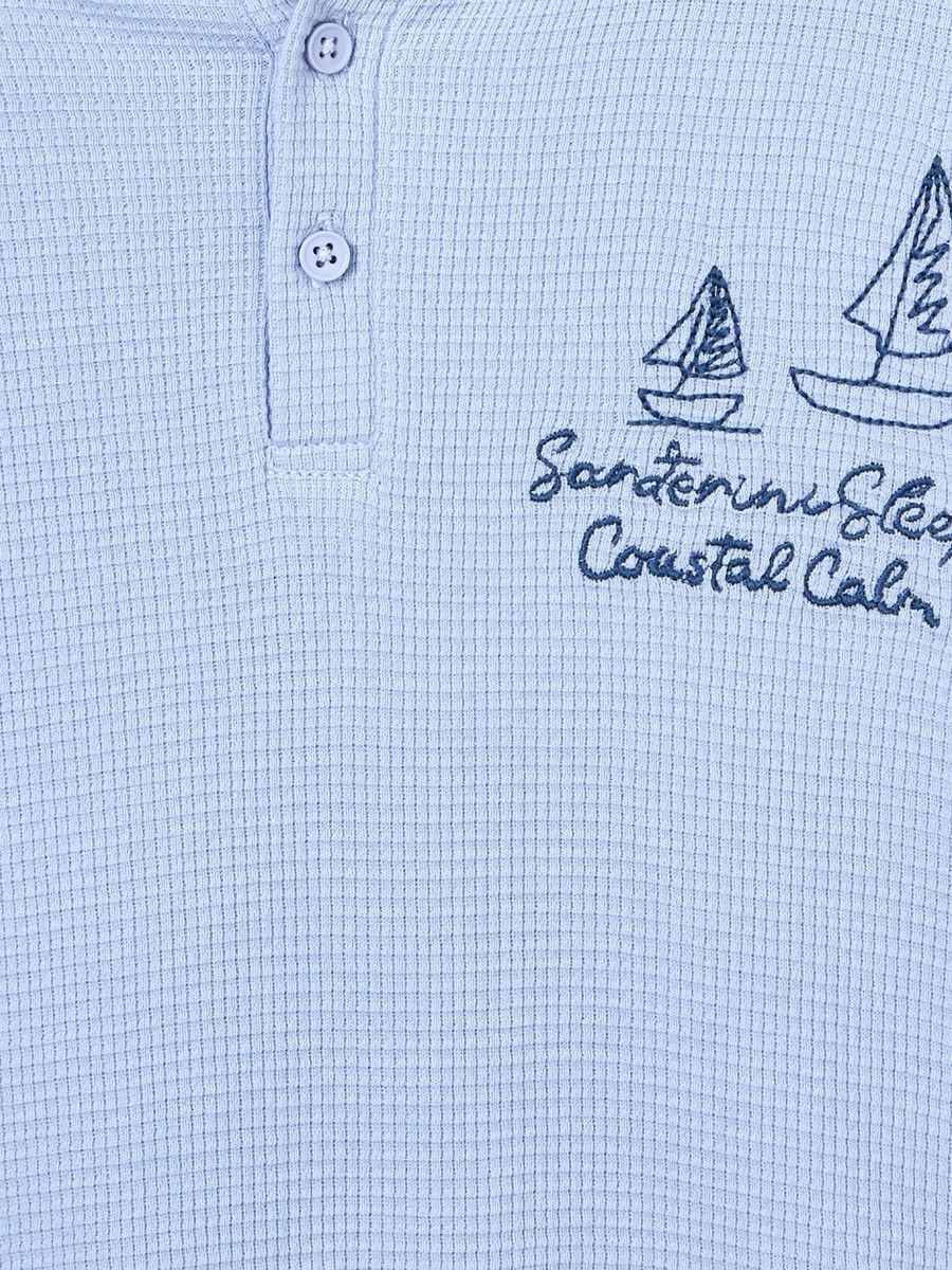 Cotton Mandarin Collar Long Sleeves Pyjama Set with Nautical Embroidery