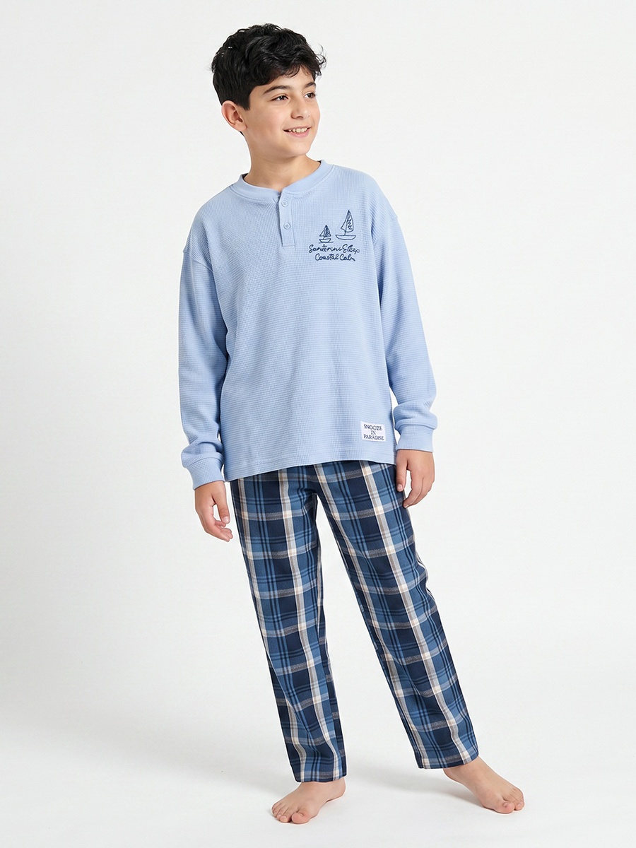 Cotton Mandarin Collar Long Sleeves Pyjama Set with Nautical Embroidery