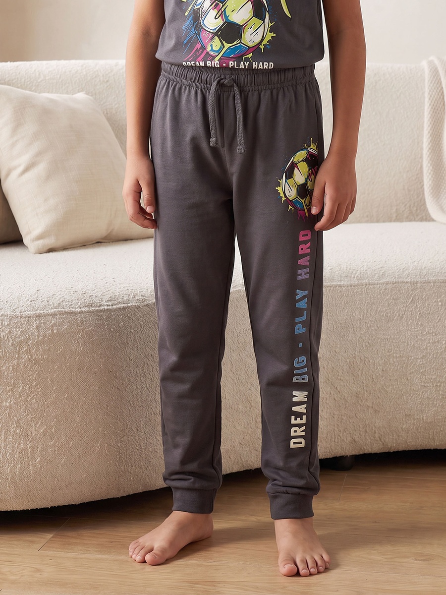 Cotton Crew Neck Short Sleeves Pyjama Set with Football Print