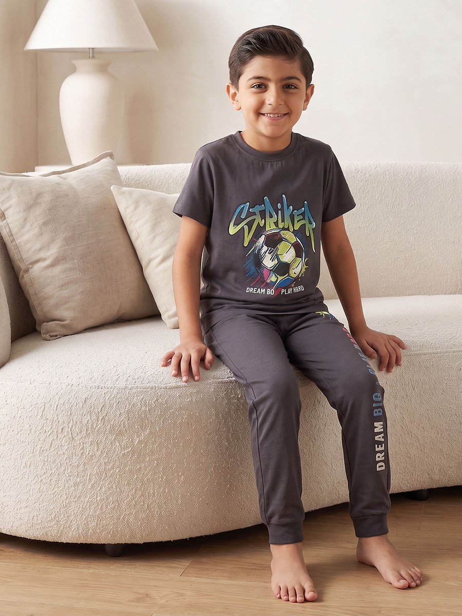 Cotton Crew Neck Short Sleeves Pyjama Set with Football Print
