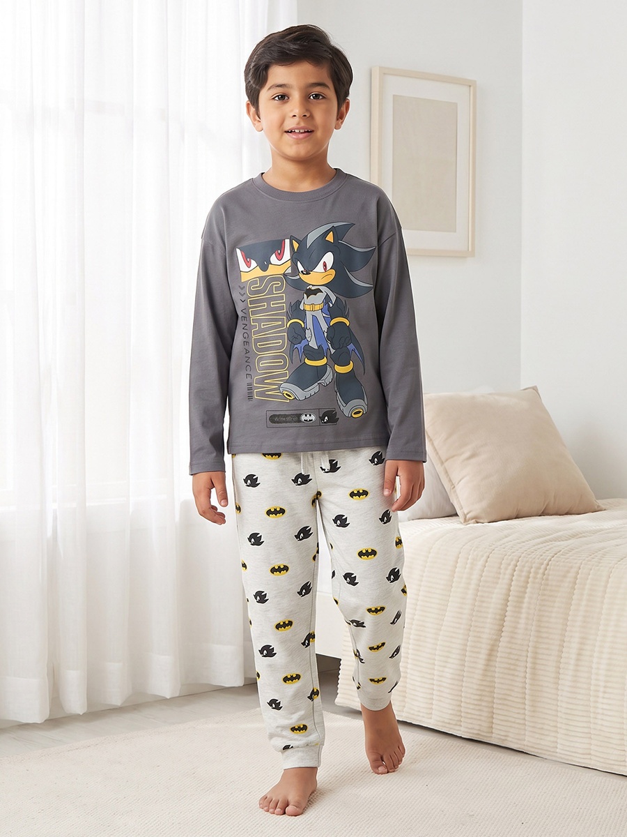 Cotton Crew Neck Long Sleeves Pyjama Set with Sonic and Batman Print