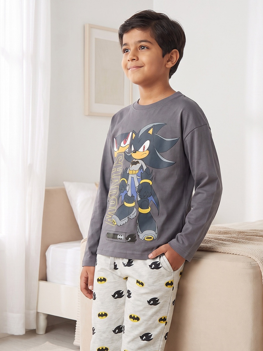 Cotton Crew Neck Long Sleeves Pyjama Set with Sonic and Batman Print