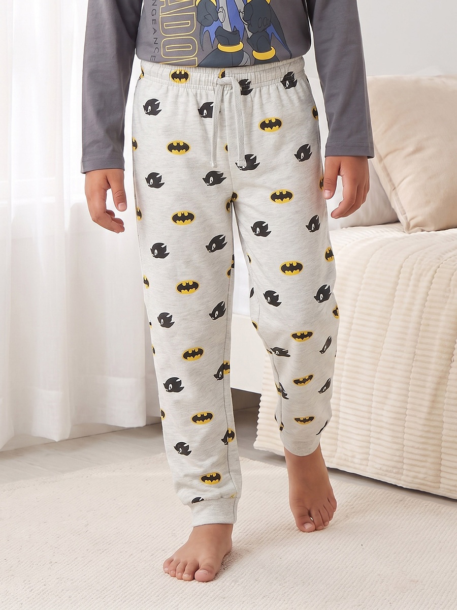 Cotton Crew Neck Long Sleeves Pyjama Set with Sonic and Batman Print