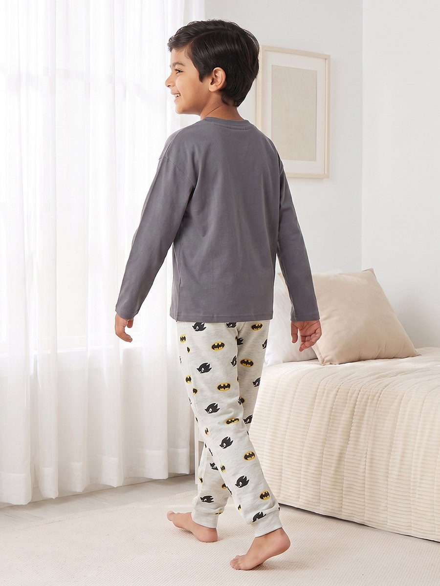 Cotton Crew Neck Long Sleeves Pyjama Set with Sonic and Batman Print