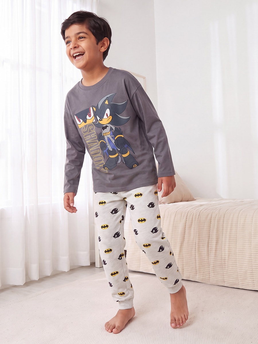 Cotton Crew Neck Long Sleeves Pyjama Set with Sonic and Batman Print
