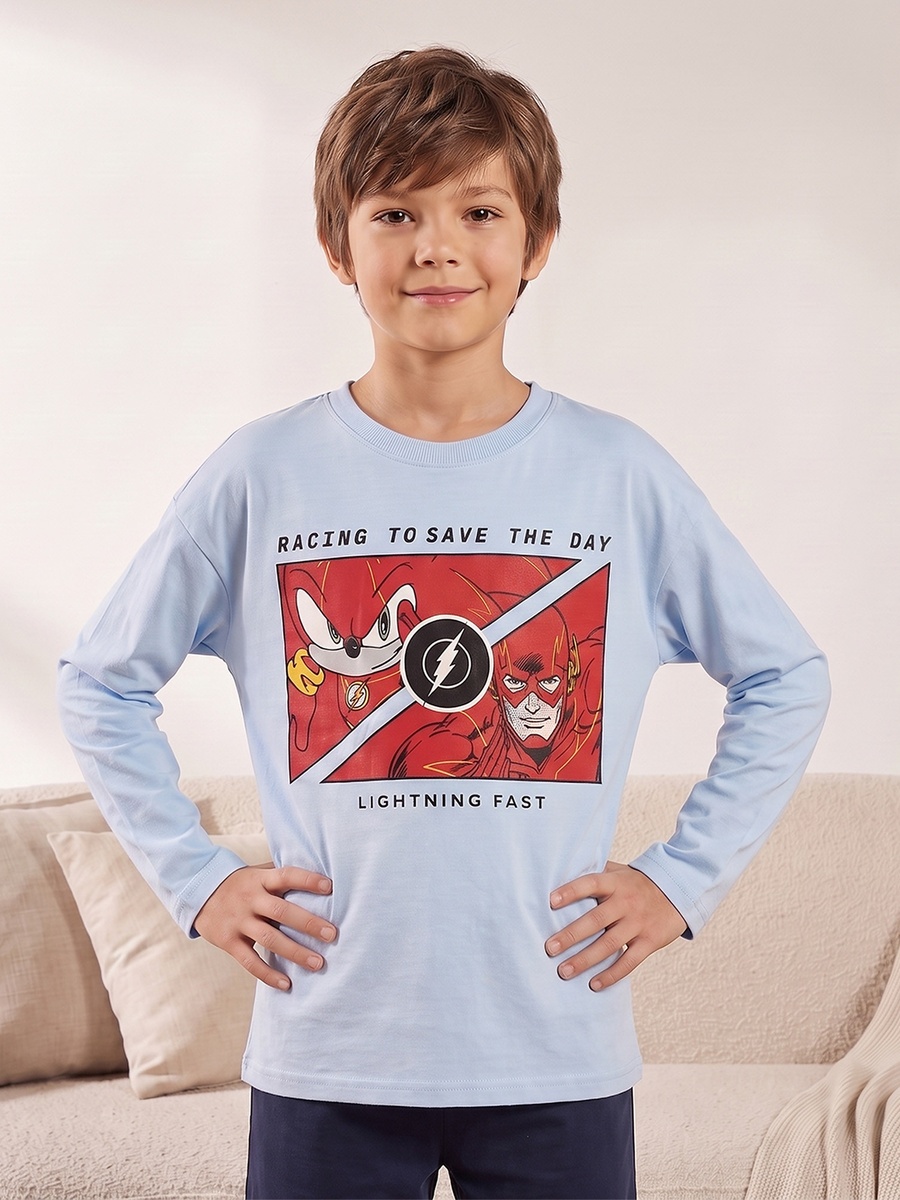 Cotton Crew Neck Long Sleeves Pyjama Set with Sonic Print