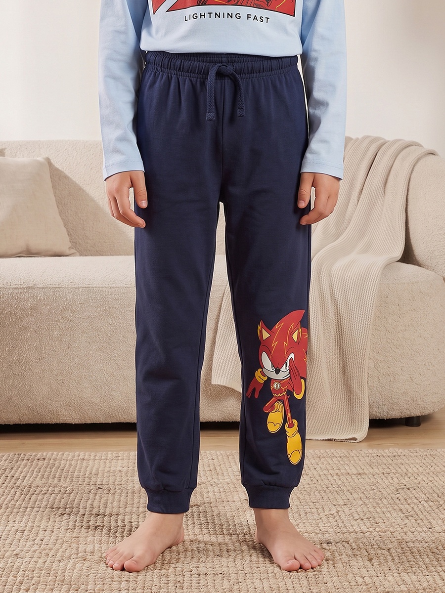Cotton Crew Neck Long Sleeves Pyjama Set with Sonic Print