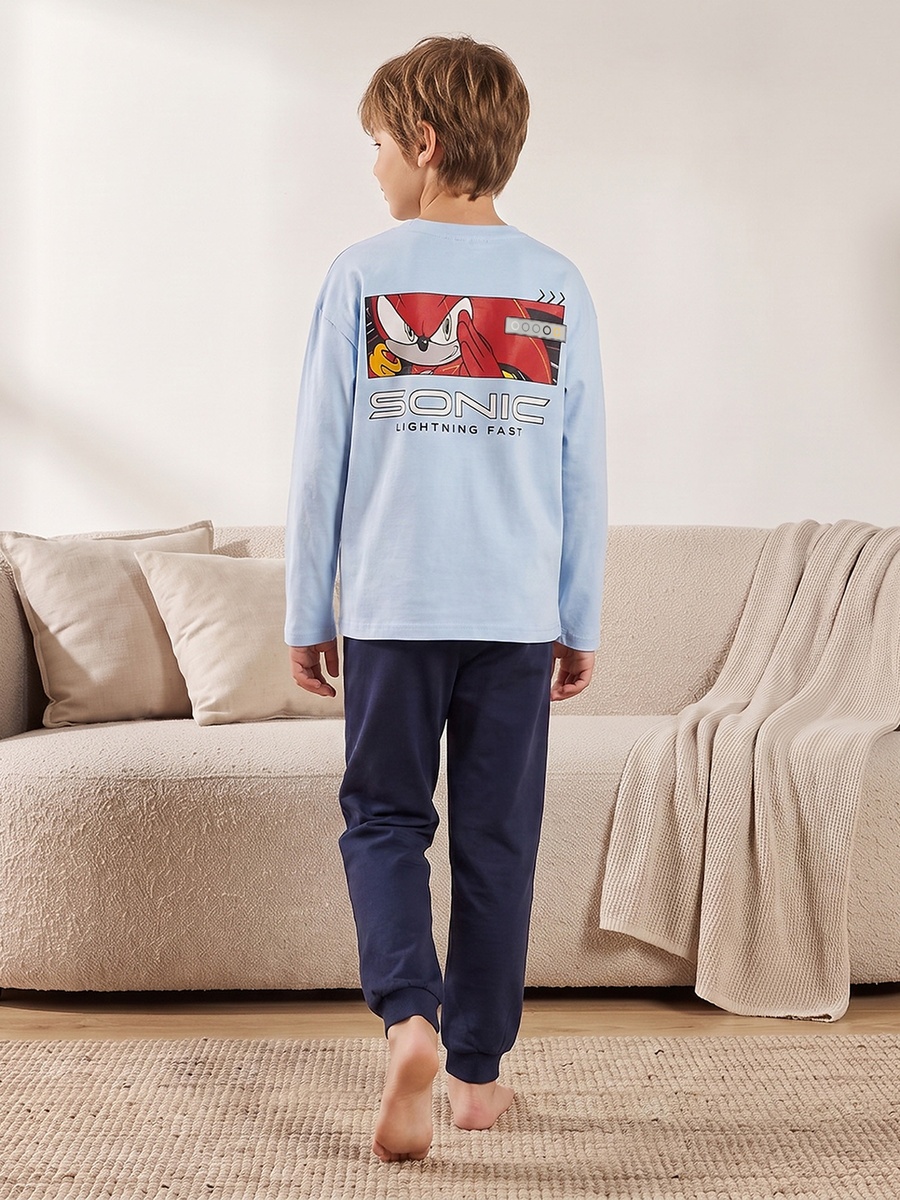 Cotton Crew Neck Long Sleeves Pyjama Set with Sonic Print