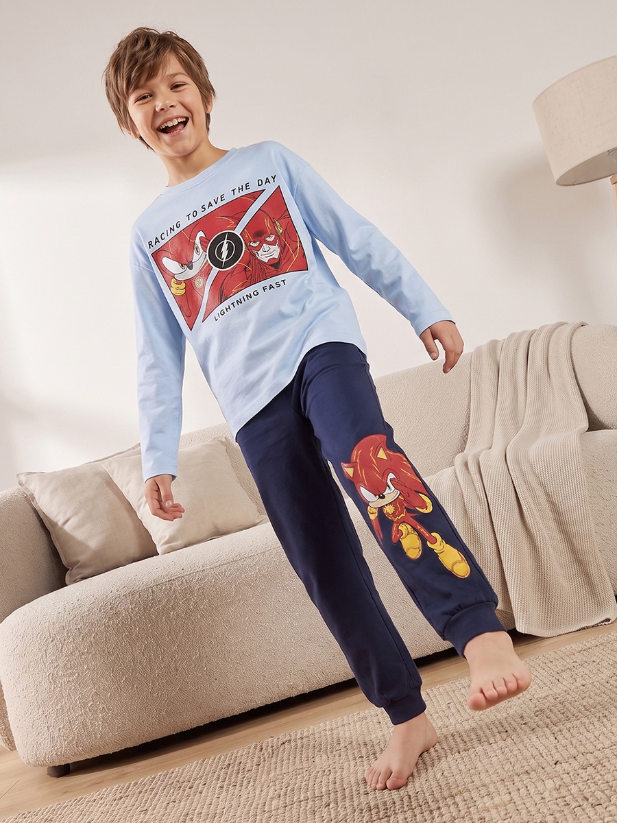 Cotton Crew Neck Long Sleeves Pyjama Set with Sonic Print