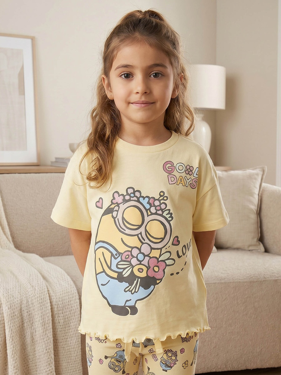 Cotton Crew Neck Short Sleeves Pyjama Set with Minions Print
