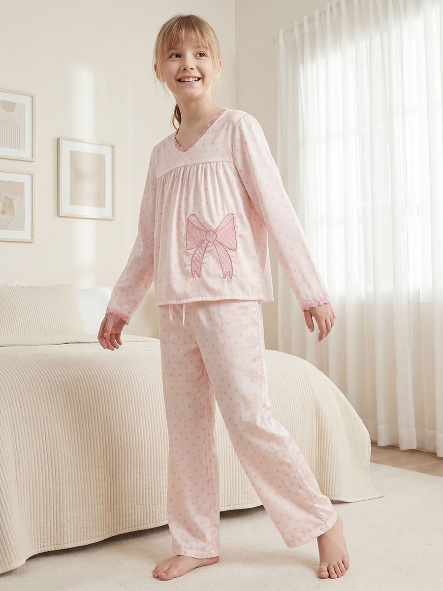 Cotton V Neck Long Sleeves Pyjama Set with Polka Dot Print