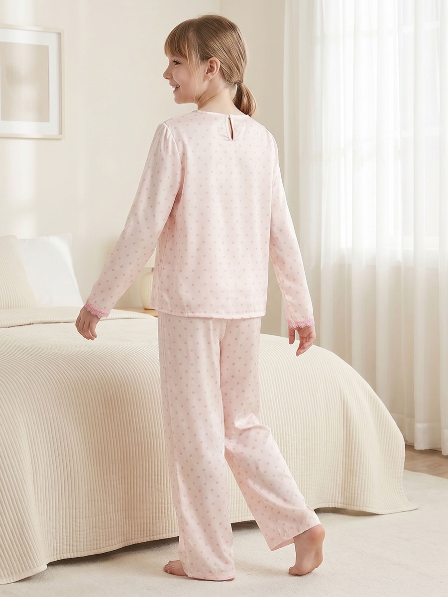 Cotton V Neck Long Sleeves Pyjama Set with Polka Dot Print
