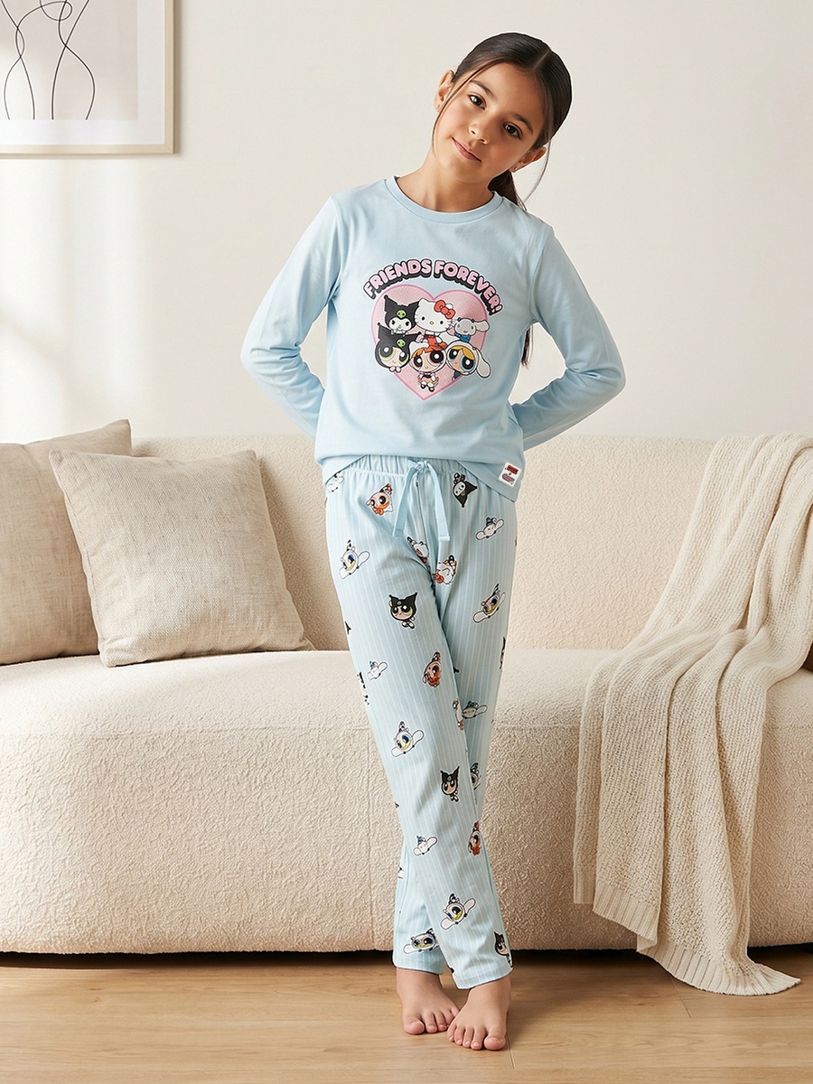 Cotton Crew Neck Long Sleeves Pyjama Set with Power Puff Girls Print