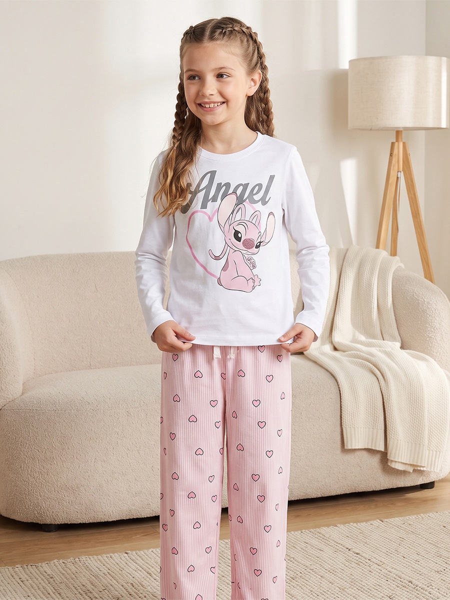 Cotton Crew Neck Long Sleeves Pyjama Set with Angel Print