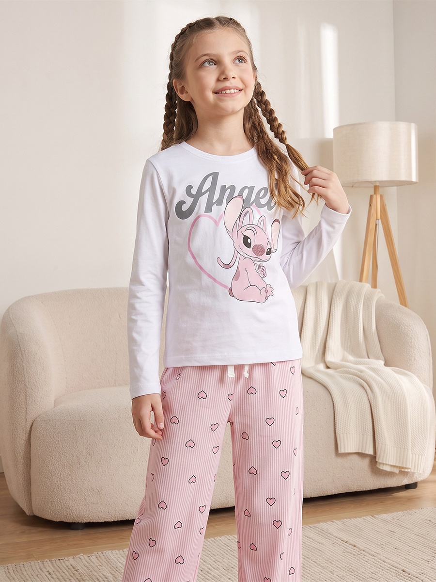 Cotton Crew Neck Long Sleeves Pyjama Set with Angel Print