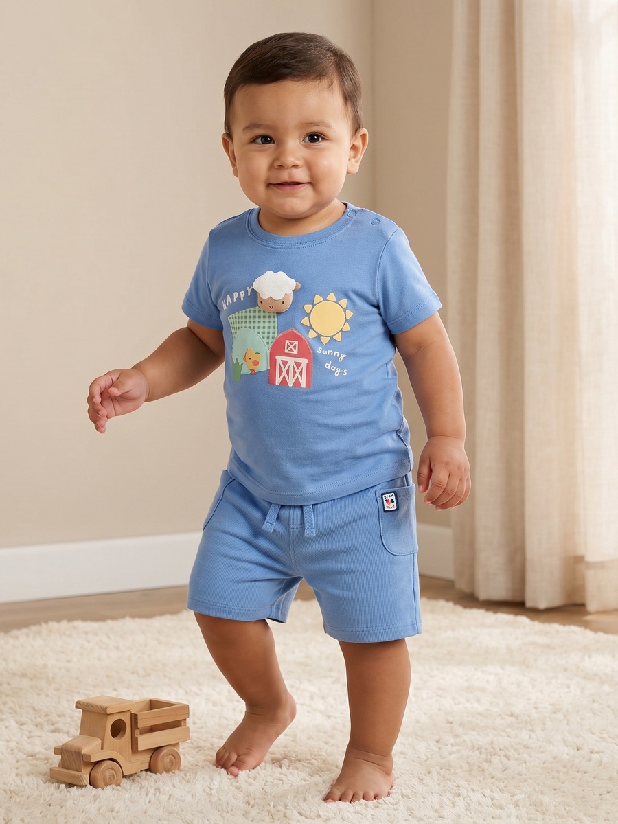 Crew Neck Short Sleeves T-Shirt and Shorts Set with Farmyard Print