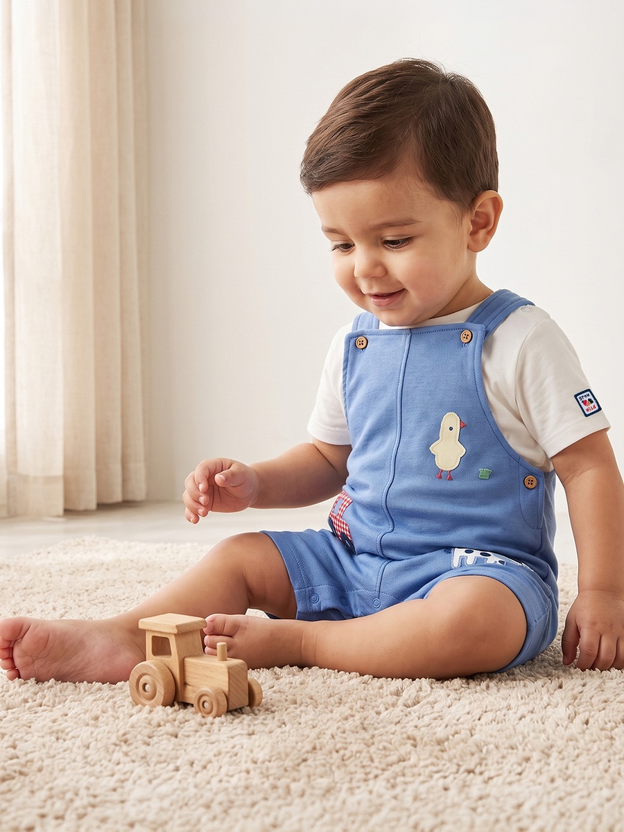 Round Neck Short Sleeves T-Shirt and Dungaree Set with Applique