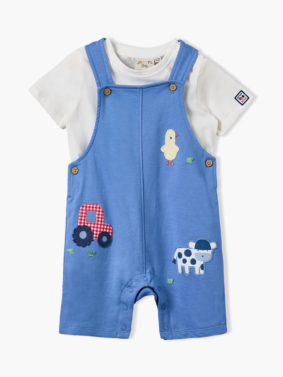 Round Neck Short Sleeves T-Shirt and Dungaree Set with Applique