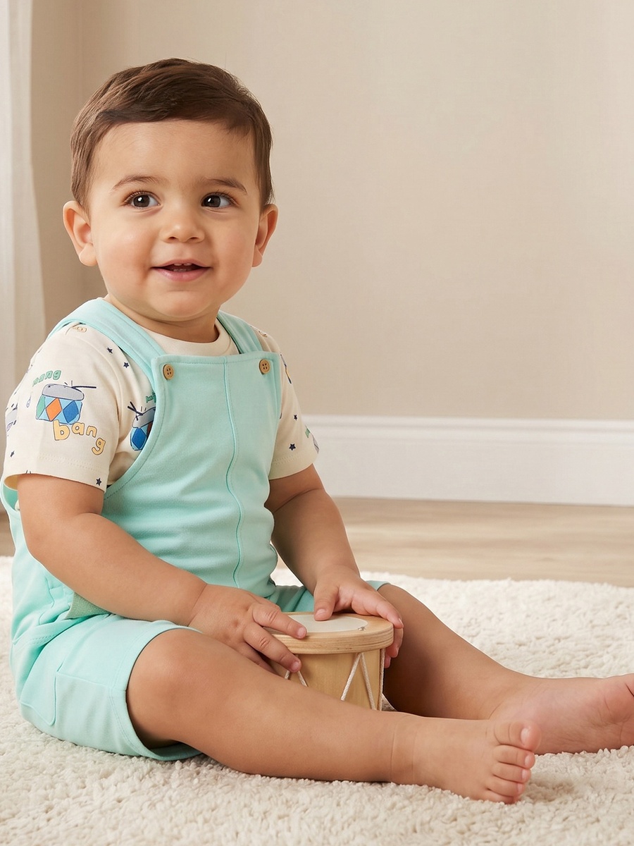 Round Neck Short Sleeves T-Shirt and Dungaree Set with Drum Print