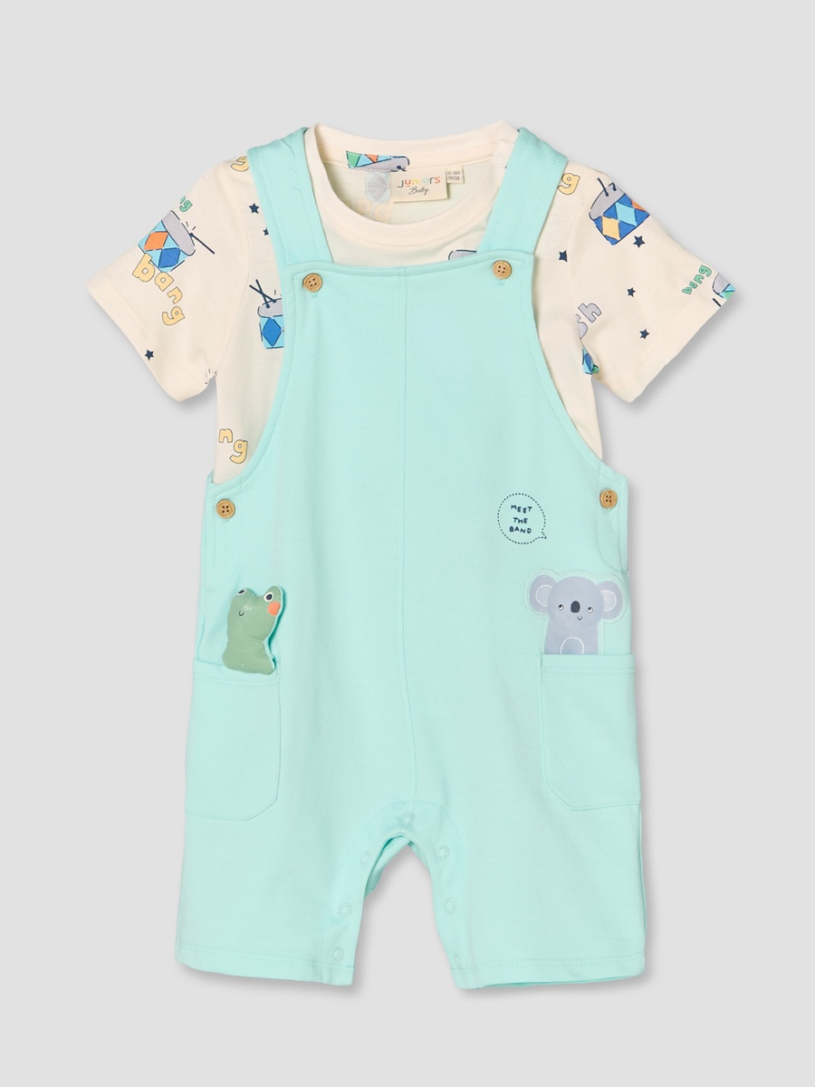 Round Neck Short Sleeves T-Shirt and Dungaree Set with Drum Print