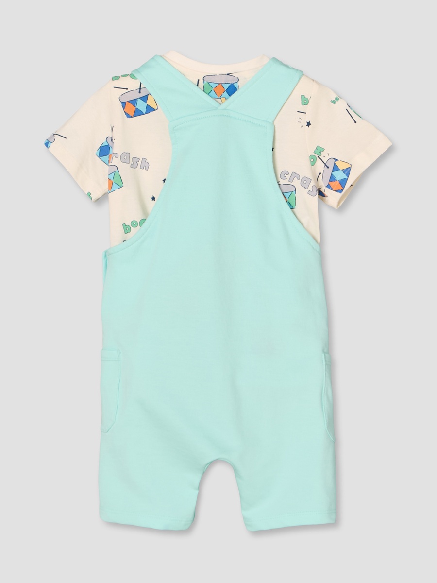 Round Neck Short Sleeves T-Shirt and Dungaree Set with Drum Print