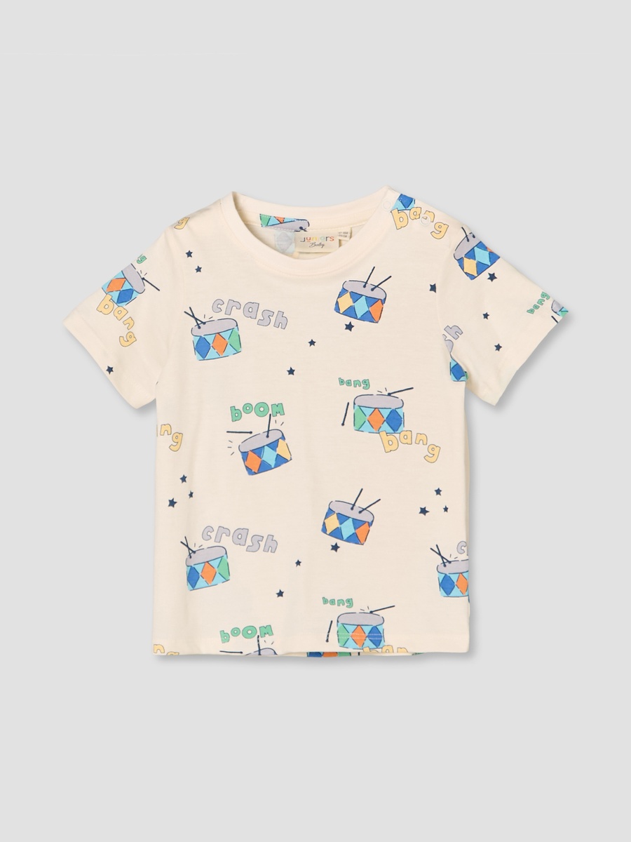 Round Neck Short Sleeves T-Shirt and Dungaree Set with Drum Print