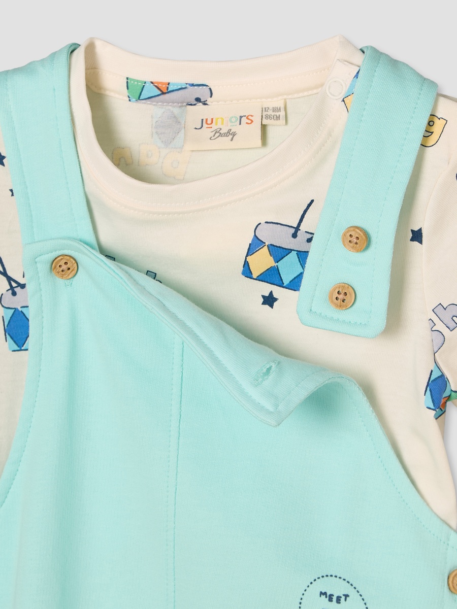 Round Neck Short Sleeves T-Shirt and Dungaree Set with Drum Print