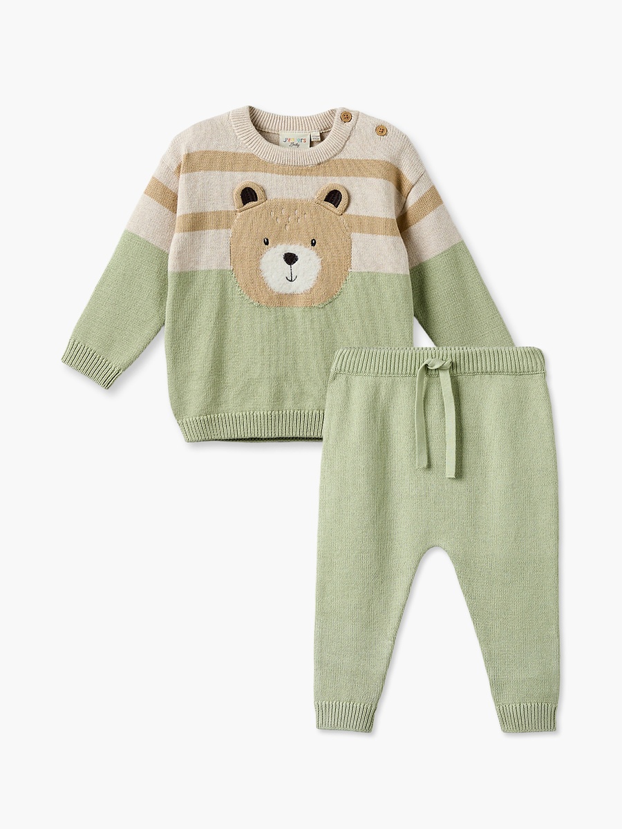 Crew Neck Long Sleeves Sweater and Pants Set with Bear Applique