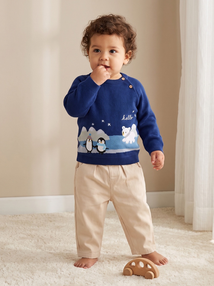 Crew Neck Long Sleeves Sweater and Pants Set with Penguin Applique
