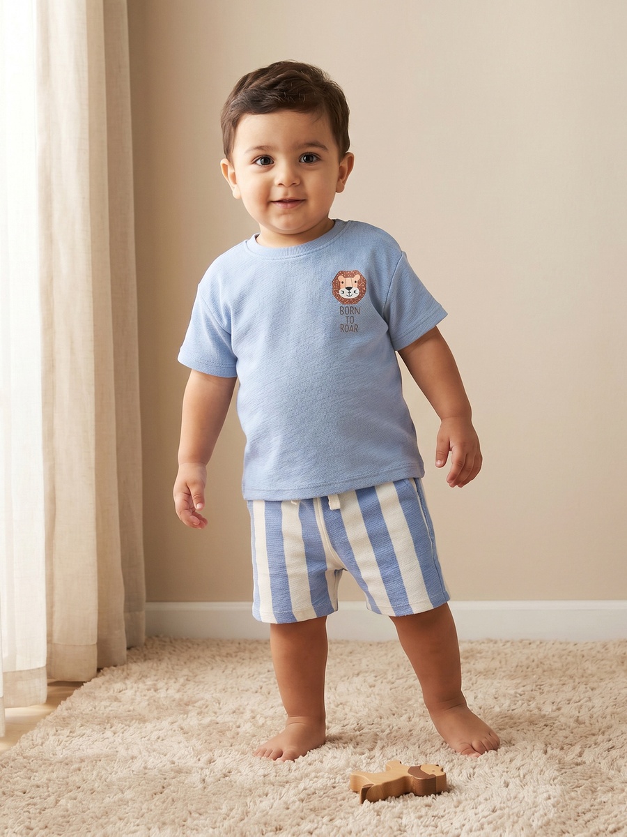 Round Neck Short Sleeves T-Shirt and Shorts Set with Stripes