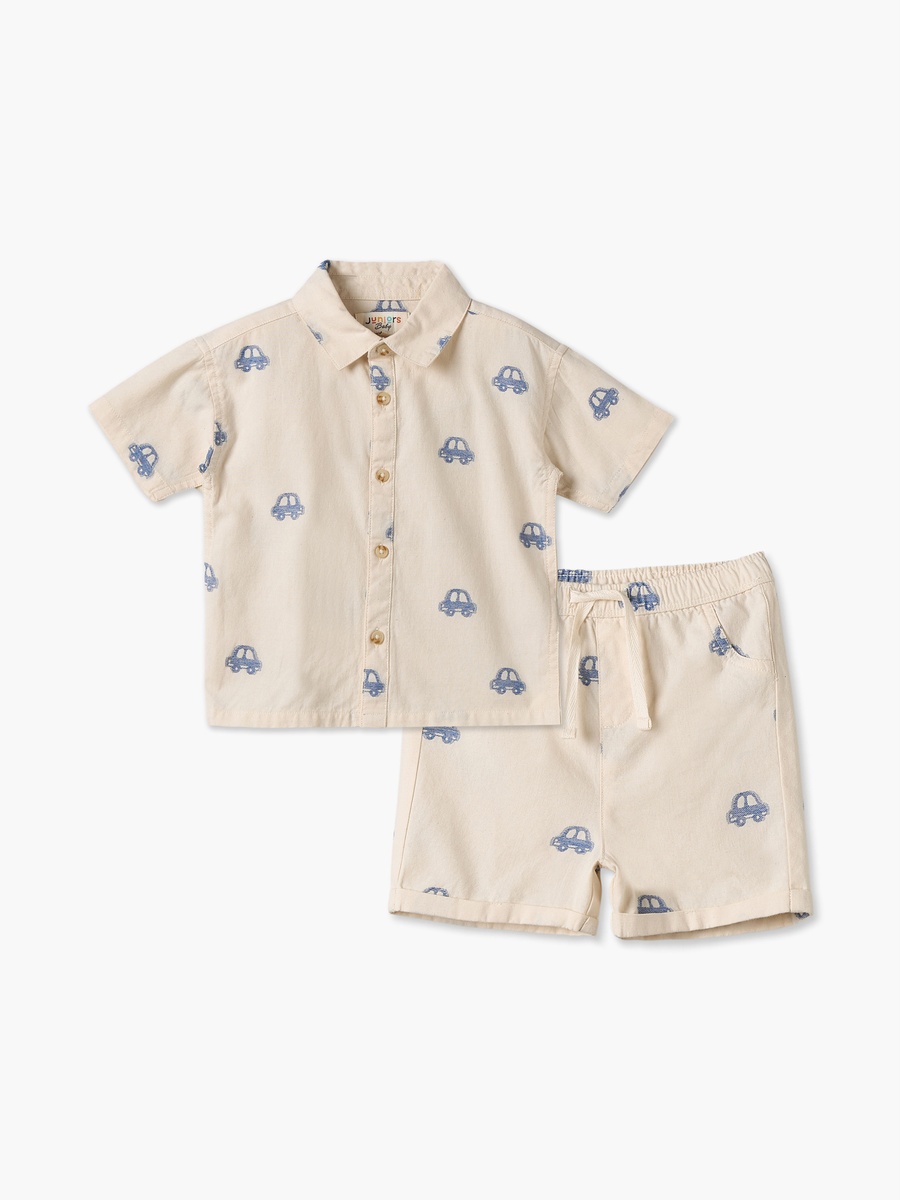 Collared Short Sleeves Shirt and Shorts Set with Car Print