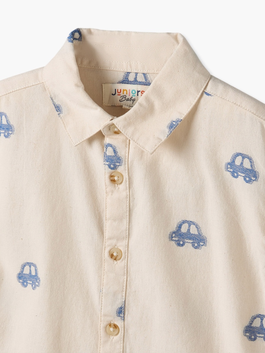 Collared Short Sleeves Shirt and Shorts Set with Car Print