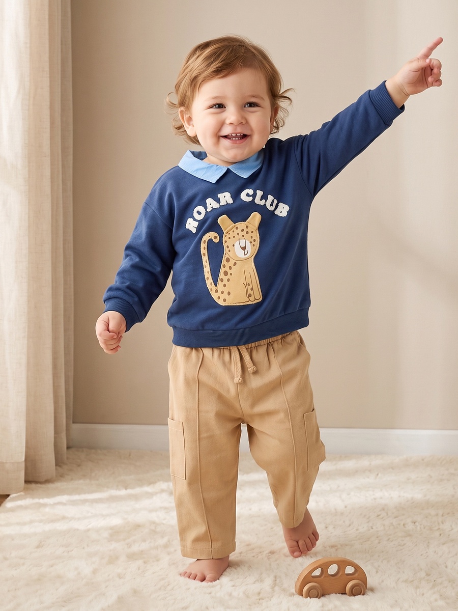 Collared Long Sleeves Sweatshirt and Pants Set with Leopard Applique